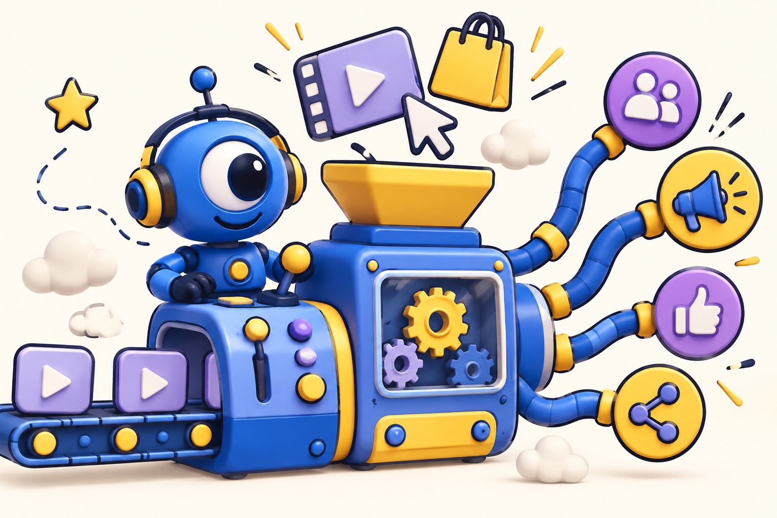 A blue cartoon robot connecting short drama, products and advertising media